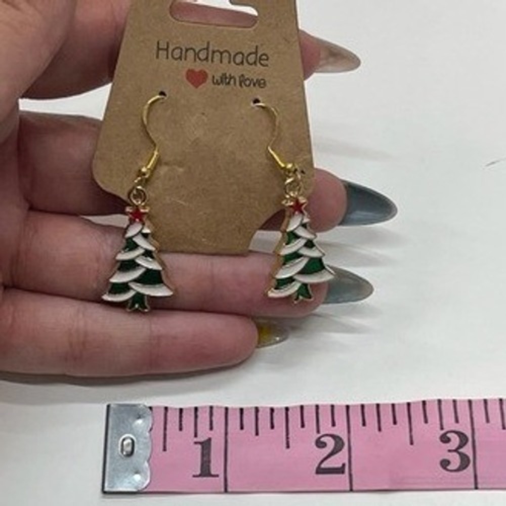 Handmade Christmas Tree Enamel Dangle Earrings Gold Tone Snowy Holiday Jewelry